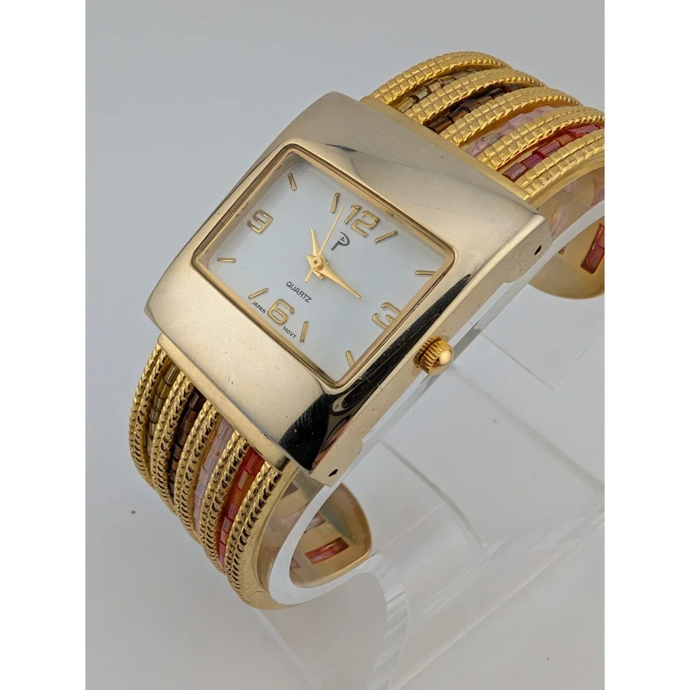 P Watch Women 30mm Case Gold Beaded Bangle Band-‎ New Battery